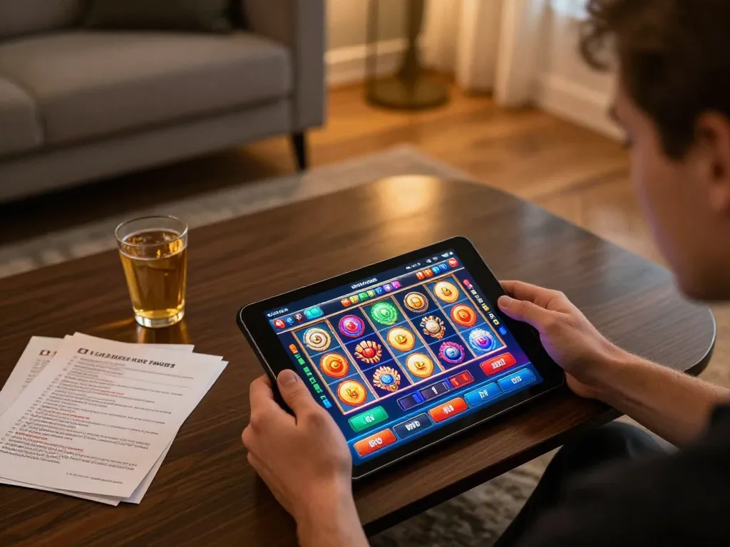 Player engaging with sc88e on a tablet showcasing an exciting online casino experience in a cozy setting.