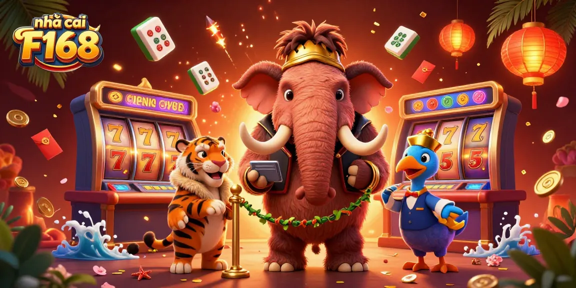 Experience the excitement at nhà cái F168, featuring vibrant slot reels with golden tusks and VIP characters.