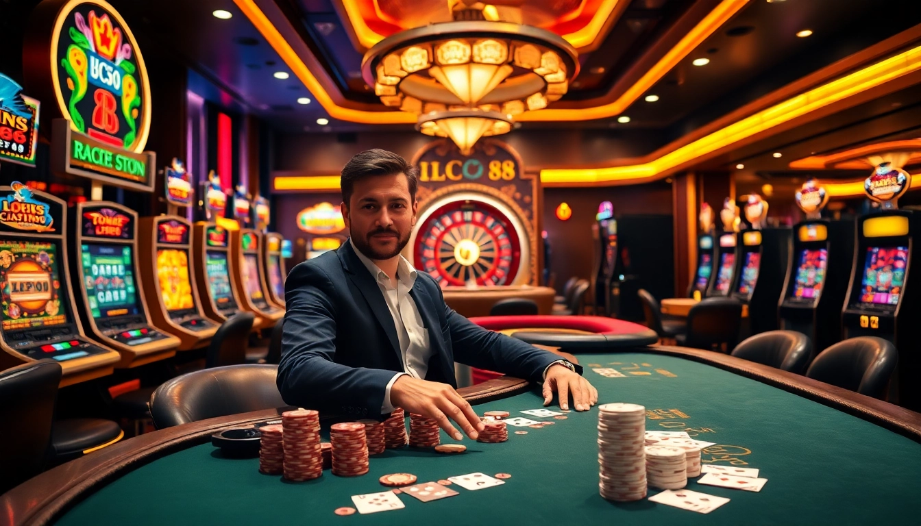 Gambler enjoying a luxurious gaming experience at LC88 casino with vibrant slot machines and poker tables.