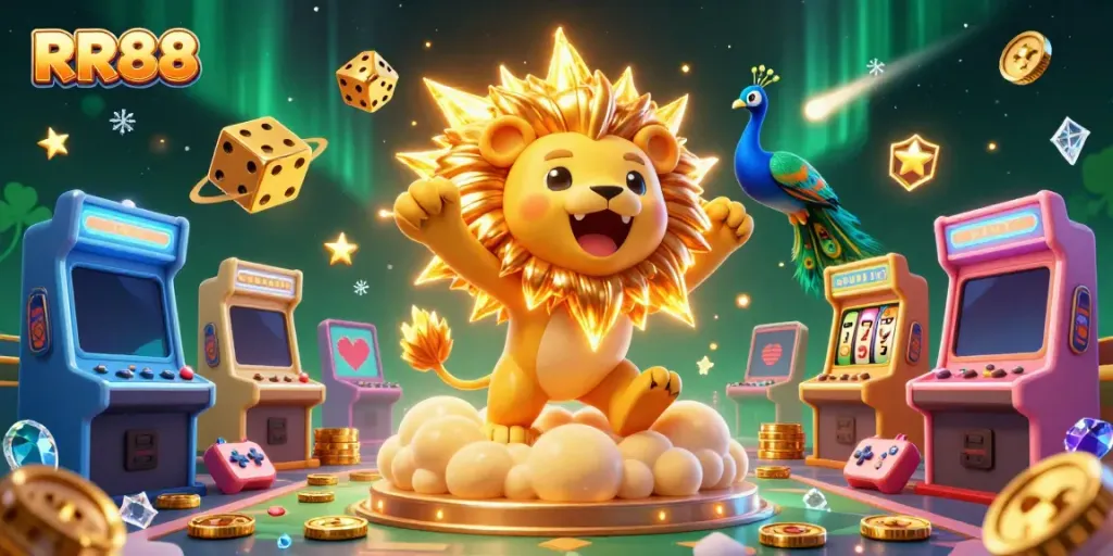 RR88 showcases a vibrant casino scene with a roaring sun lion and dynamic gaming elements.