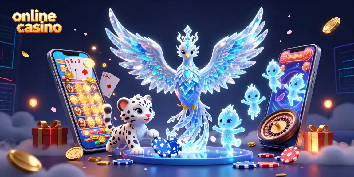 Engage in an online casino adventure with a vibrant 3D illustration featuring an ice phoenix and gaming elements.