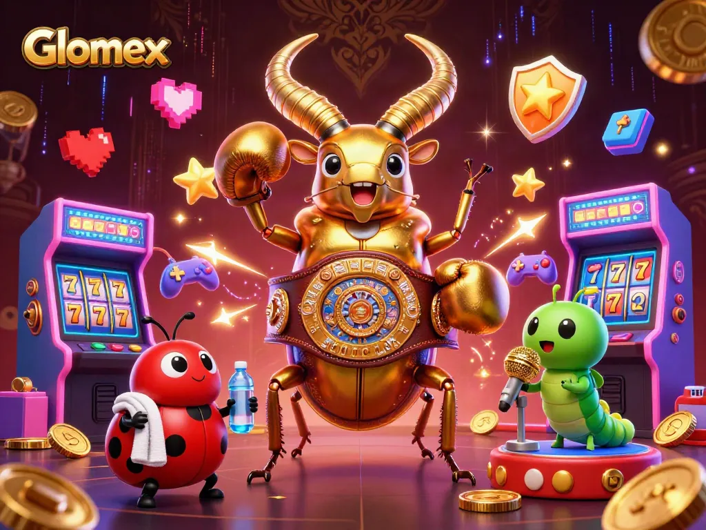 Glomex showcases a vibrant casino-themed scene featuring a golden stag beetle boxing champion, surrounded by exciting gaming elements.