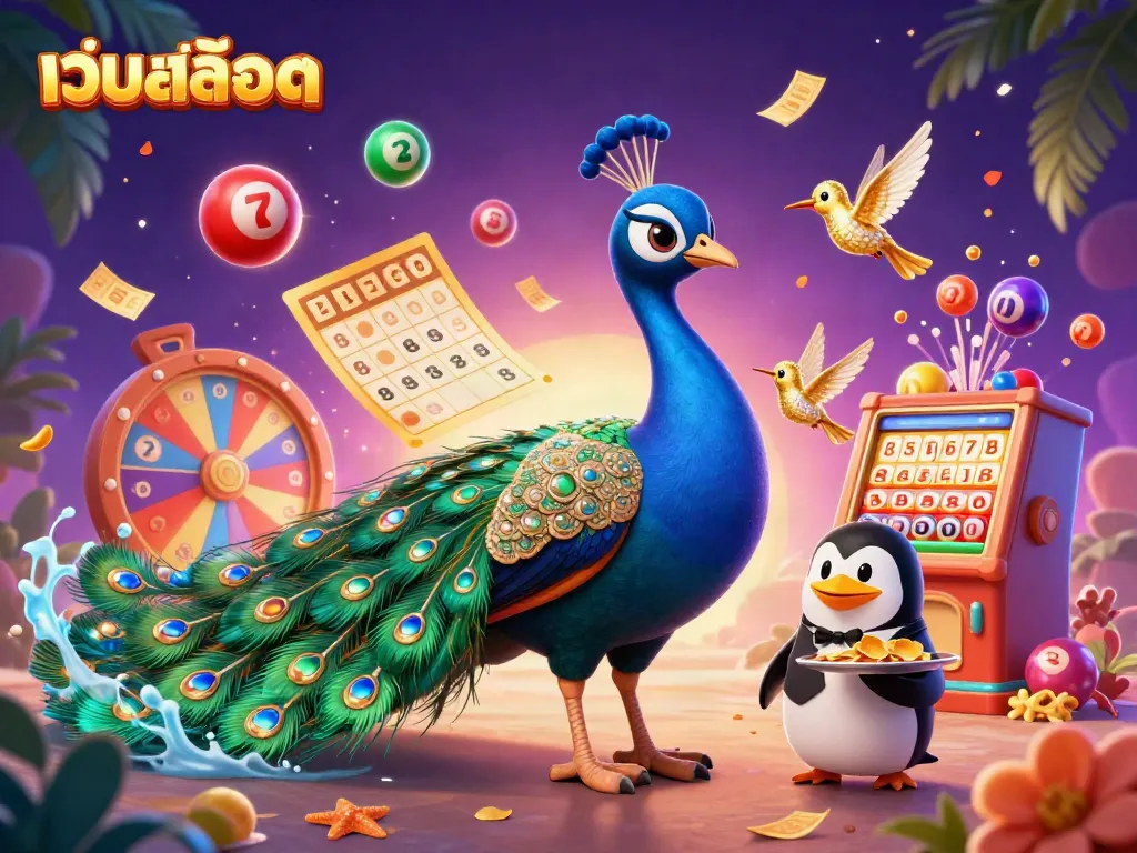 Experience the vibrant เว็บสล็อต scene with a dazzling peacock, golden chips, and colorful lottery elements.