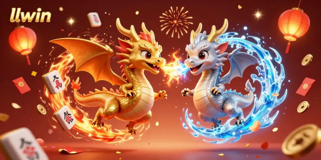 Experience thrilling gameplay with llwin as gold and silver dragons entwine in a dynamic casino scene.