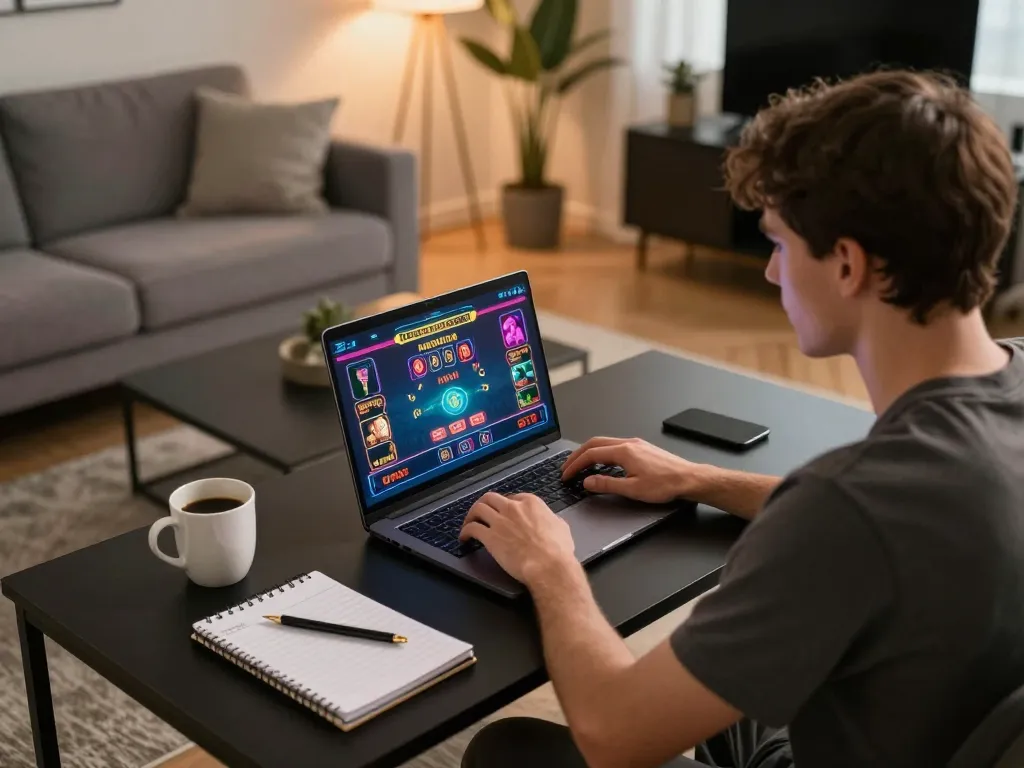 Engaging in ดูหนังใหม่ while enjoying an online gambling session in a modern living room setup