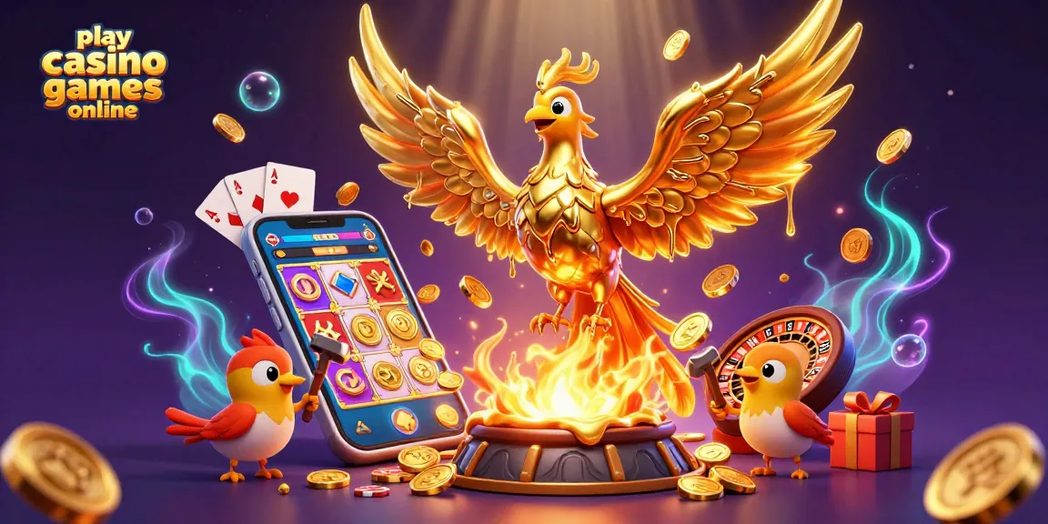 Play casino games online with a vibrant 3D illustration of a molten golden phoenix and dynamic game elements.