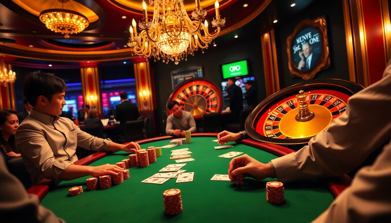 High-stakes poker gameplay at a luxurious casino, featuring https://urr88.com/ betting chips and cards.