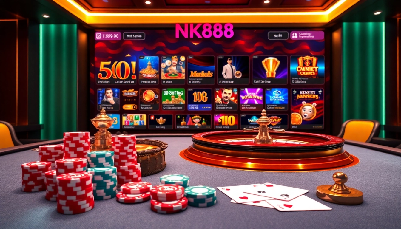 Experience high stakes at NK88 with luxurious casino tables, poker chips, and vibrant online games.