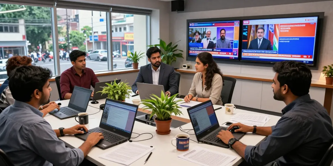 Inside a lively newsroom at https://www.theindaily.com, journalists engage in collaborative discussions about India's latest news, surrounded by vibrant screens and documents.