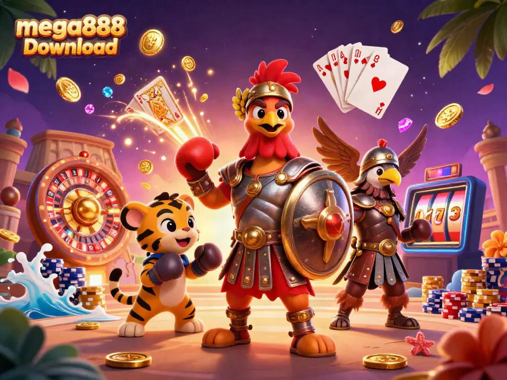 Engage in thrilling gameplay with the mega888 download app, showcasing a vibrant 3D casino scene.