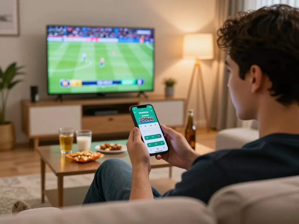 Enjoying sports betting with thể thao 22bet app on smartphone in a cozy home environment.