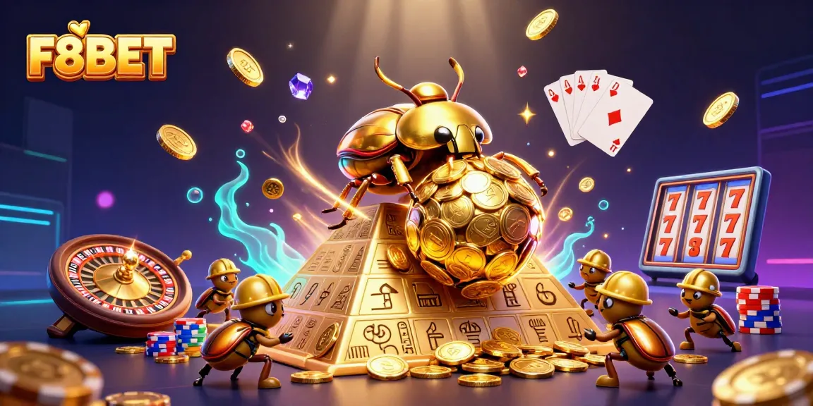 Experience the excitement of F8BET with a dynamic 3D casino scene featuring golden symbols, roulette, poker chips, and fun!