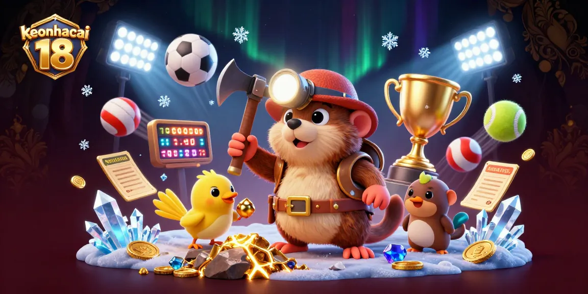 Engage with keonhacai 18's vibrant gaming atmosphere featuring dynamic sports elements and a treasure hunter scene.