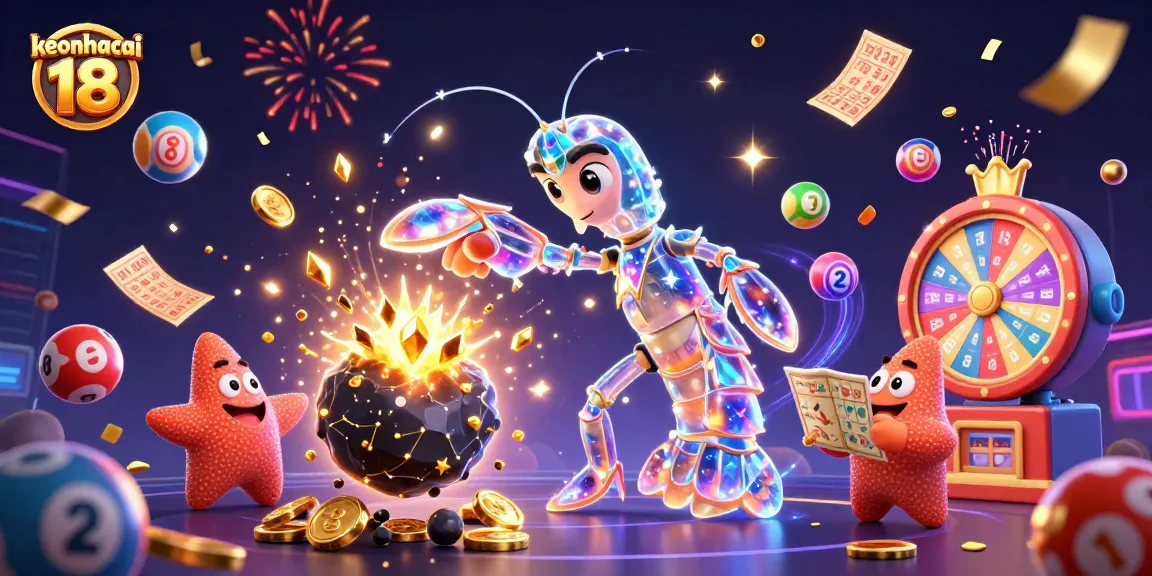 Experience keonhacai 18's thrilling wins with a vibrant, energetic lottery scene depicted in 3D.