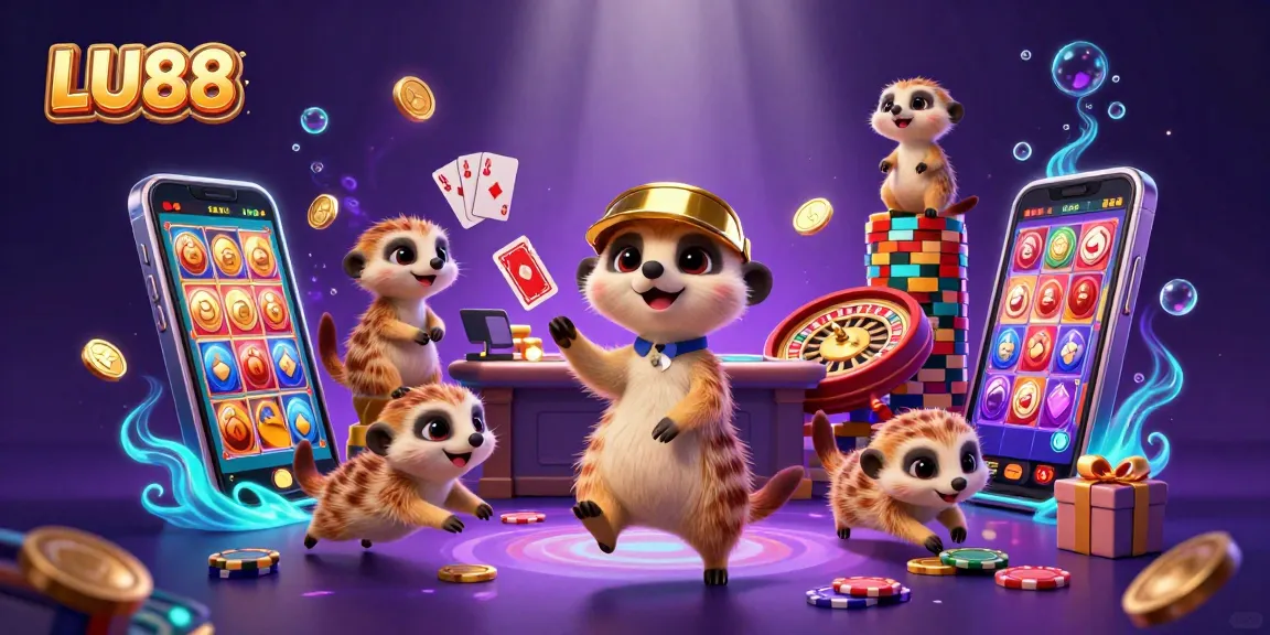 LU88 meerkats running a vibrant casino with slot games, chips, and coins erupting.