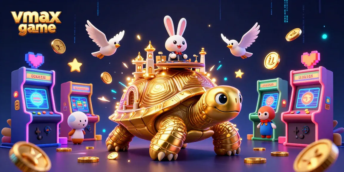 Experience thrilling vmax game action in this vibrant 3D casino scene with golden tortoise and dealer.