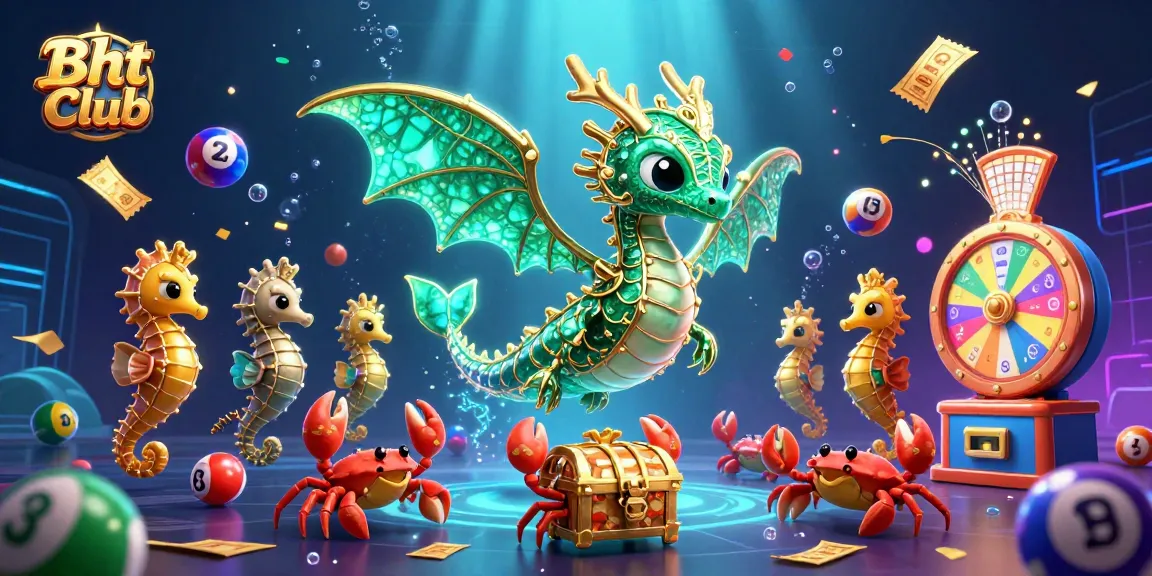 Bht Club casino-themed underwater scene with vibrant lottery elements and a majestic sea dragon.