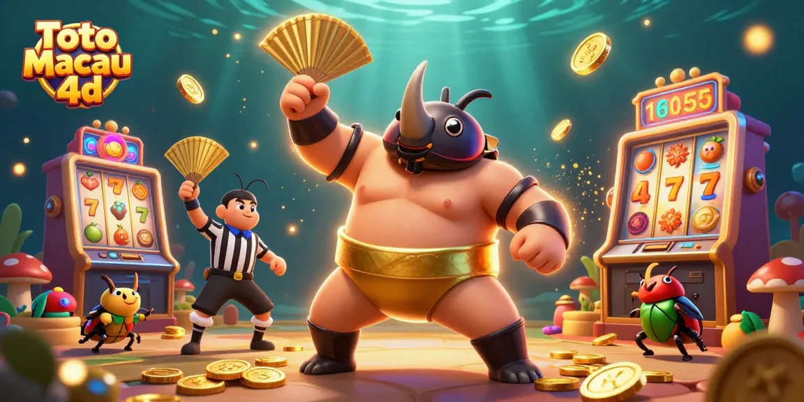 Engage with Toto Macau 4d gaming excitement alongside colorful slot machines and a heroic beetle champion.