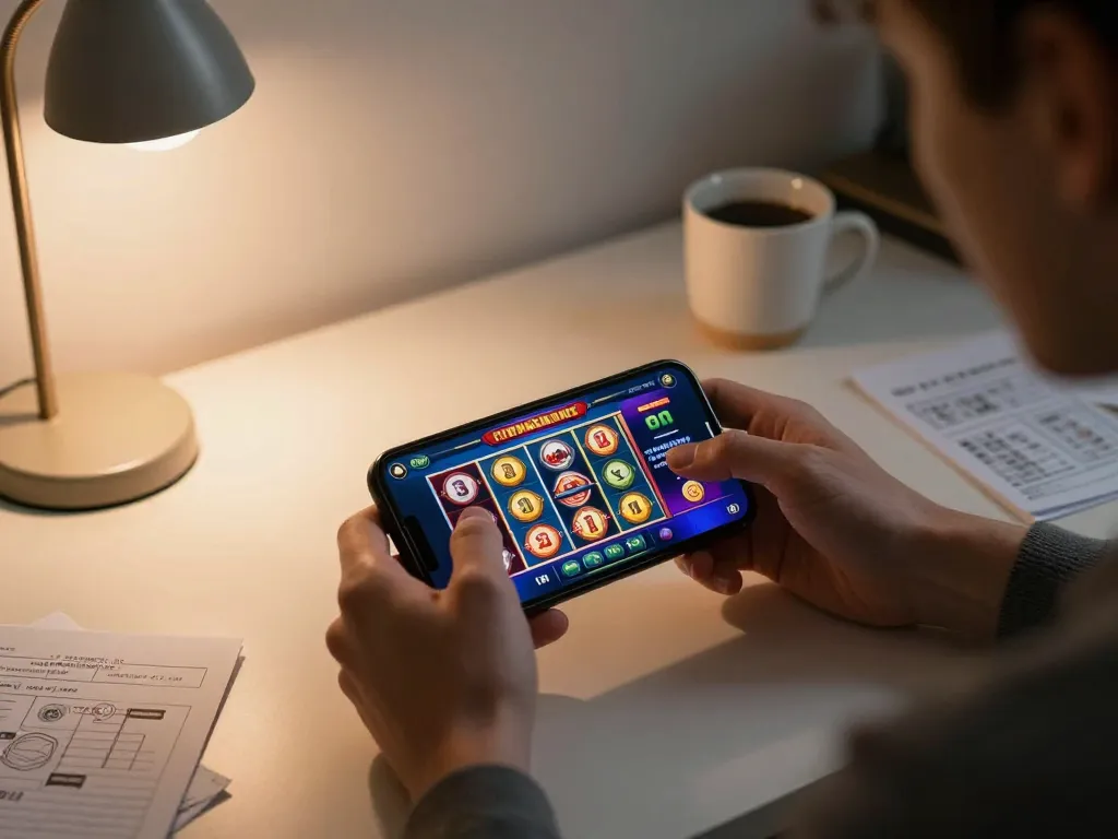 FAFA828 player enjoying a mobile casino app, showcasing exciting slot graphics and cozy atmosphere