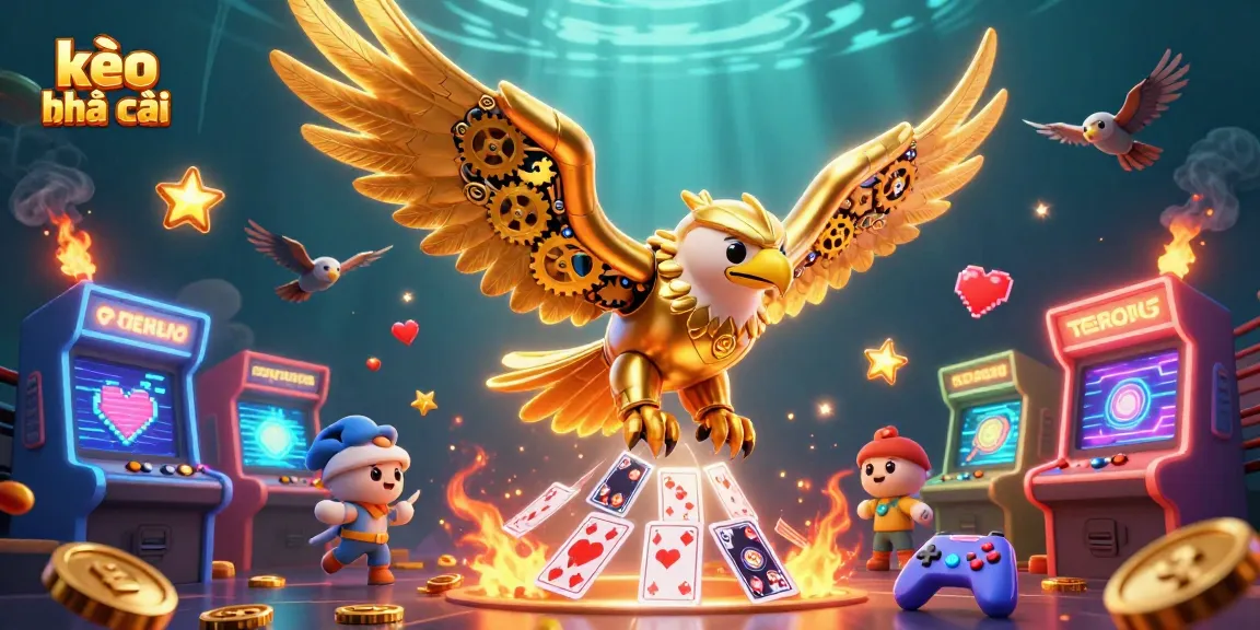 Engage in thrilling kèo nhà cái action with a dynamic illustration of sports betting excitement, featuring a golden eagle among gaming elements.
