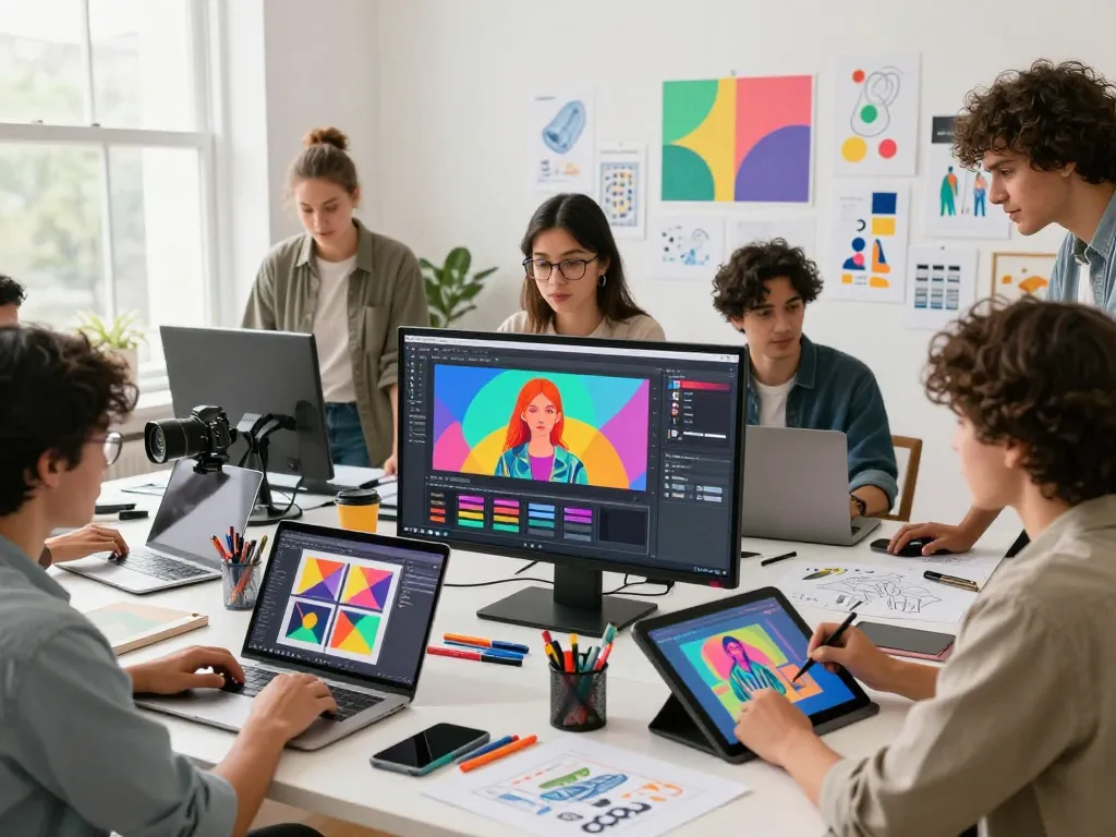 Artists utilizing nano banana 2 in a vibrant creative workspace to enhance digital designs.
