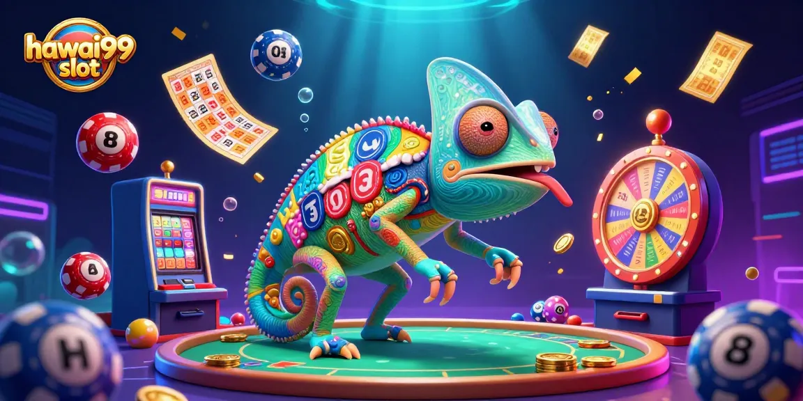 Play exciting hawai99 slot; colorful chameleon casino owner surrounded by vibrant game elements.