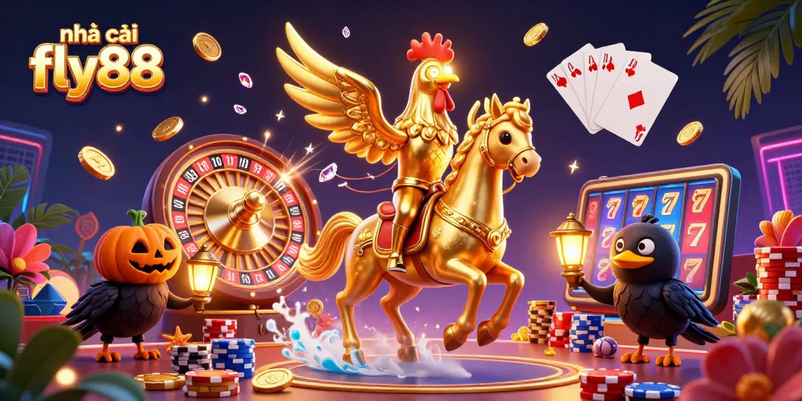 Engage with nhà cái fly88 in a vibrant casino scene featuring golden rooster characters and dynamic gaming elements.