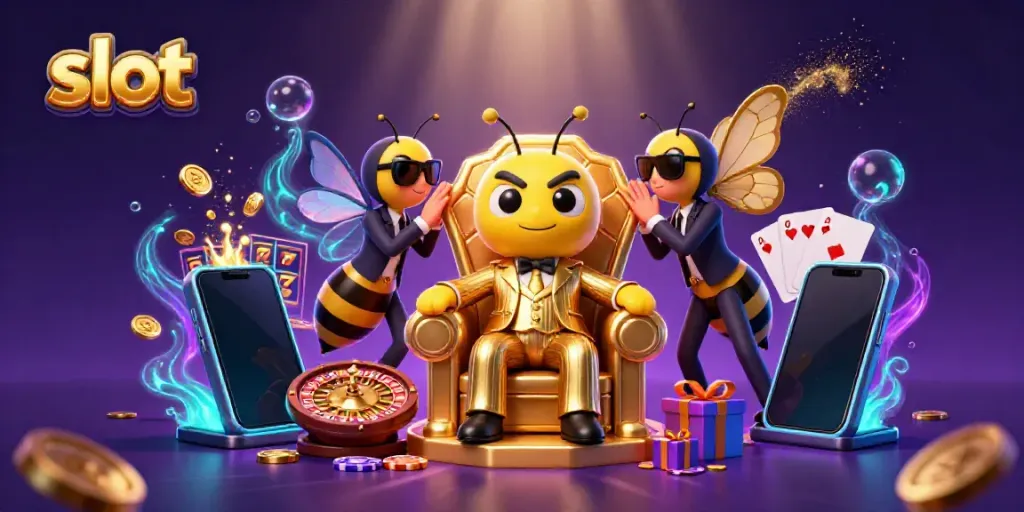 Experience thrilling slot action with a bumblebee mob boss and dynamic casino elements in this vibrant illustration.