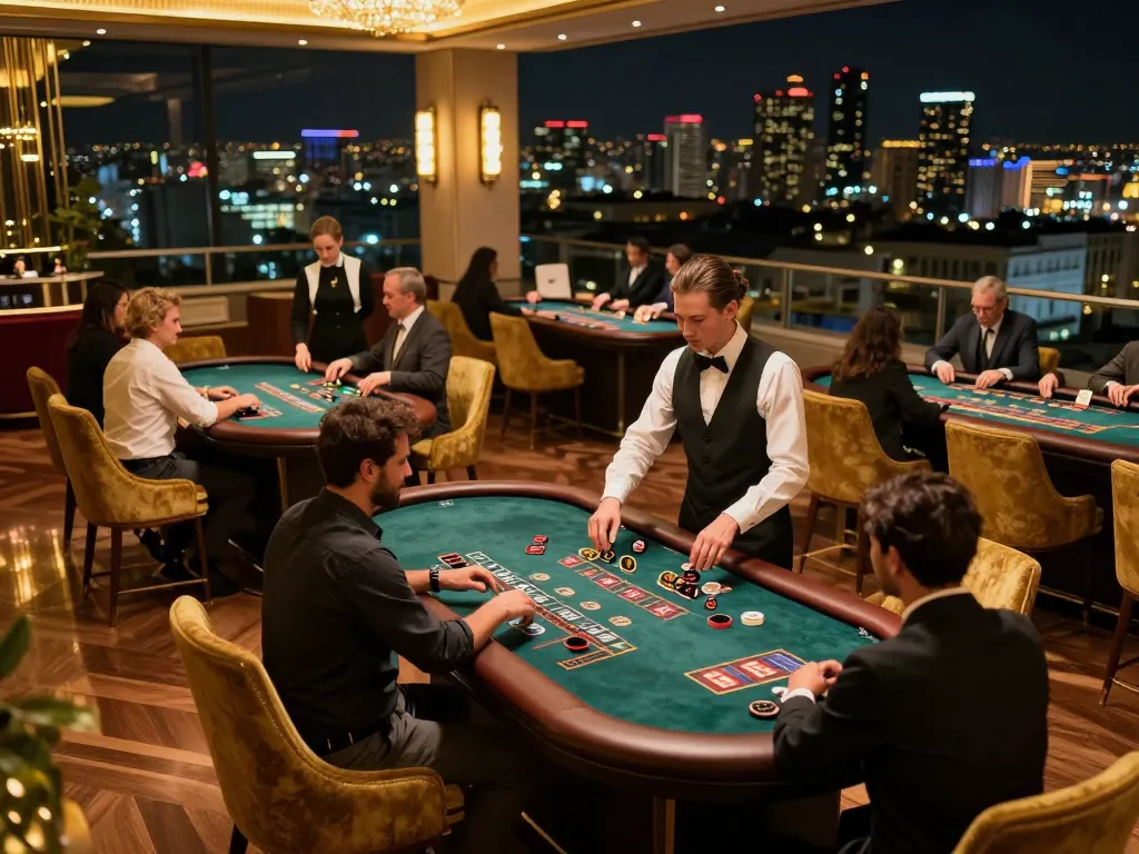 23win players engaged in high-stakes blackjack at a luxurious rooftop casino