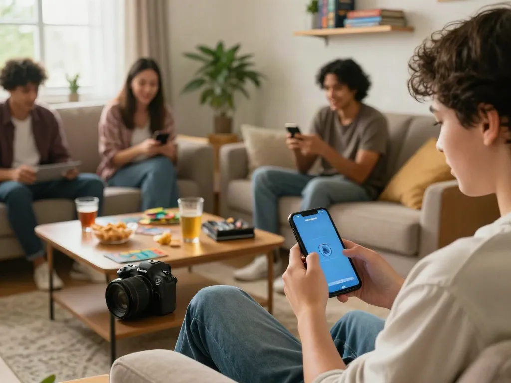 Engaged player enjoying Rumble Rummy on a smartphone in a cozy living room.