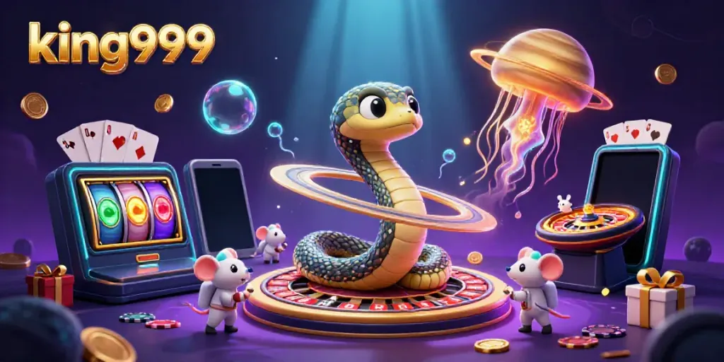 Permainan slot king999 yang seru dengan karakter ular Saturnus dan ilahi di latar belakang.