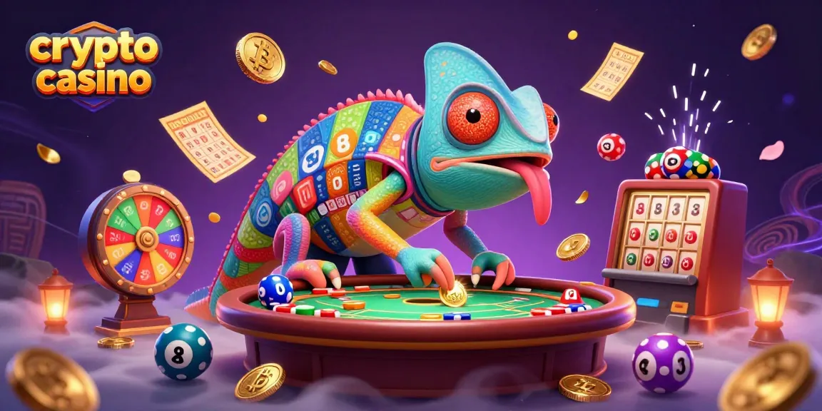 Engage in the vibrant world of a crypto casino with a colorful 3D chameleon overseeing gaming excitement.