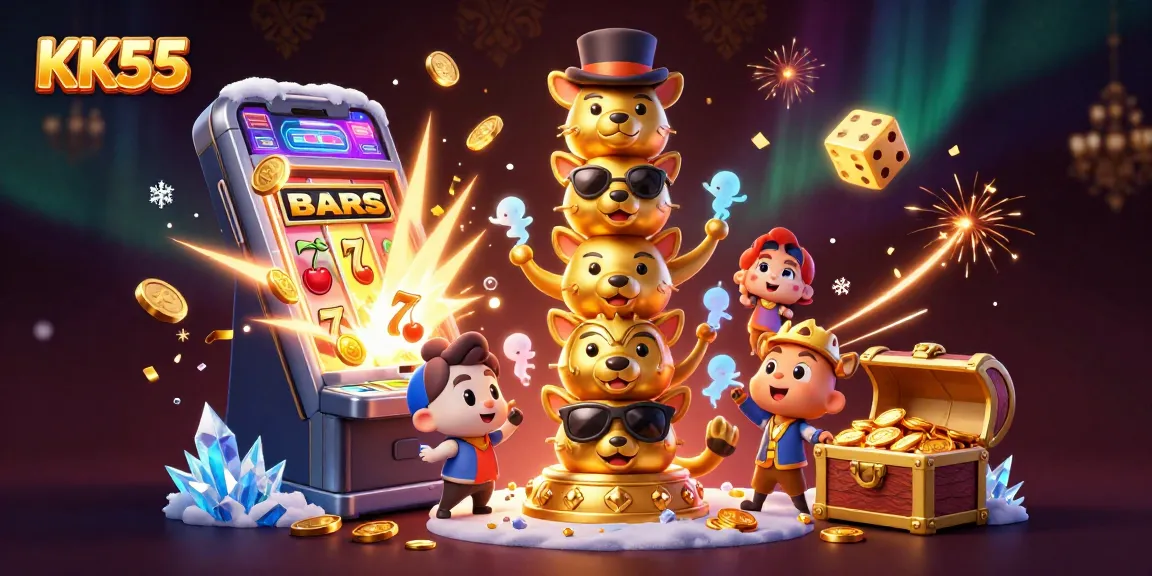 Immerse with KK55's dynamic casino experience, featuring vibrant slot machine action and enchanting golden totem design.