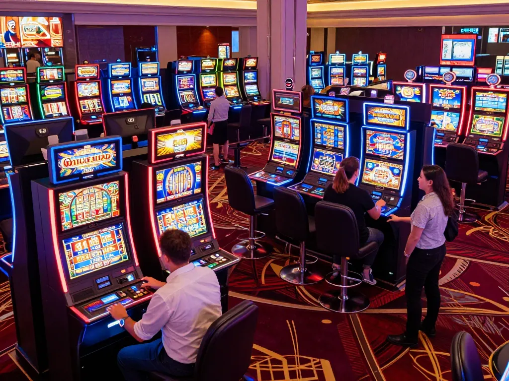 Players enjoying a lively gaming experience at the situs gacor with colorful slot machines and engaging atmosphere.