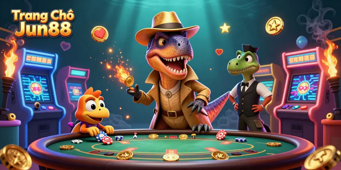 Experience the excitement at Trang Chủ Jun88 with a playful velociraptor at a blackjack table.