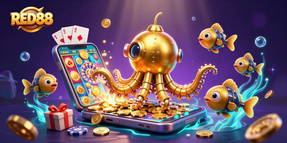 Experience the thrill of RED88 with a vibrant underwater casino illustration featuring a golden kraken.
