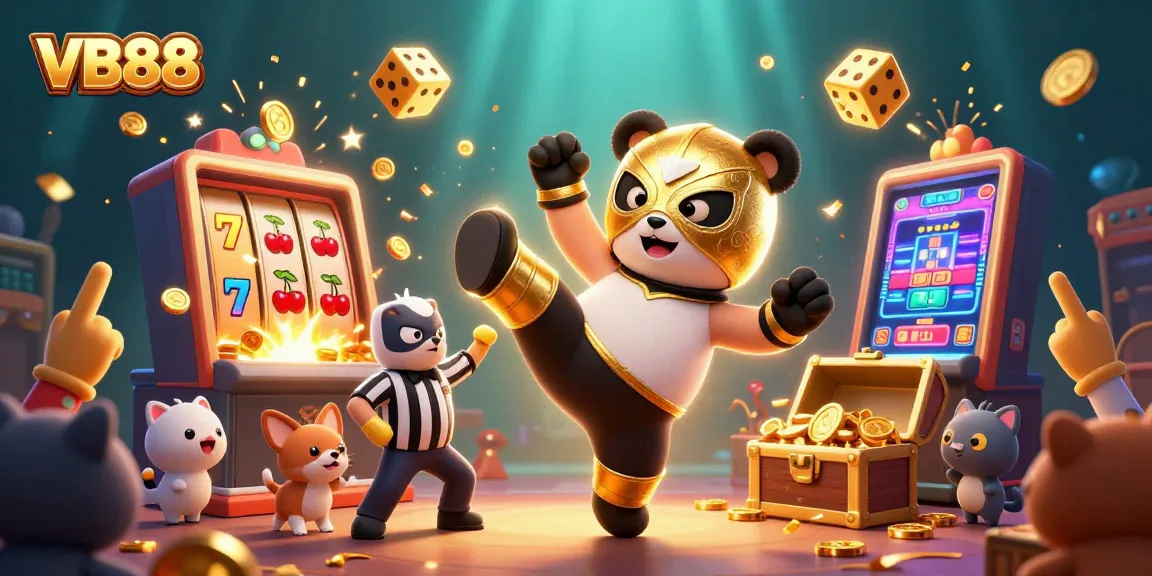 Experience the thrill of VB88 as a lucha libre panda takes center stage amid vibrant casino elements.