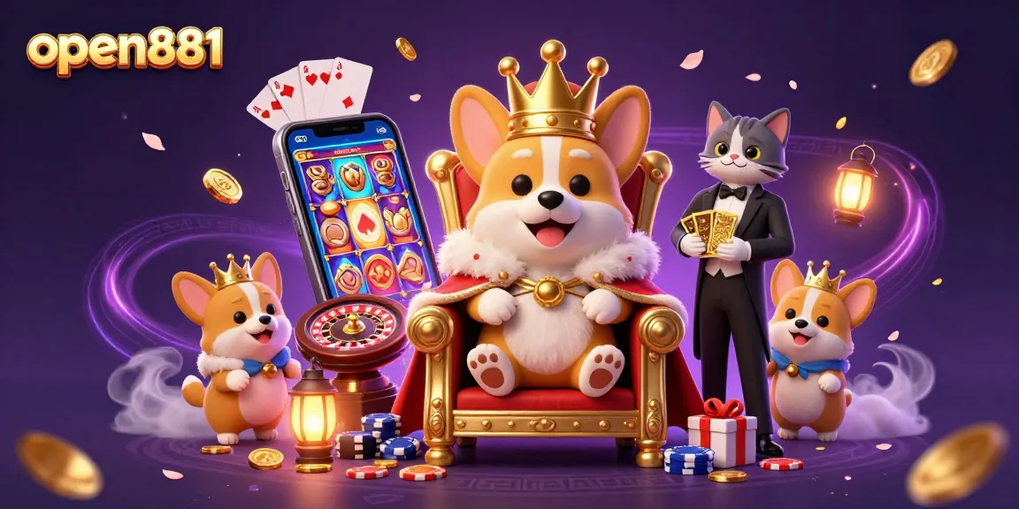 Join the excitement at open881 with a royal corgi and a cat butler amidst dazzling casino elements.