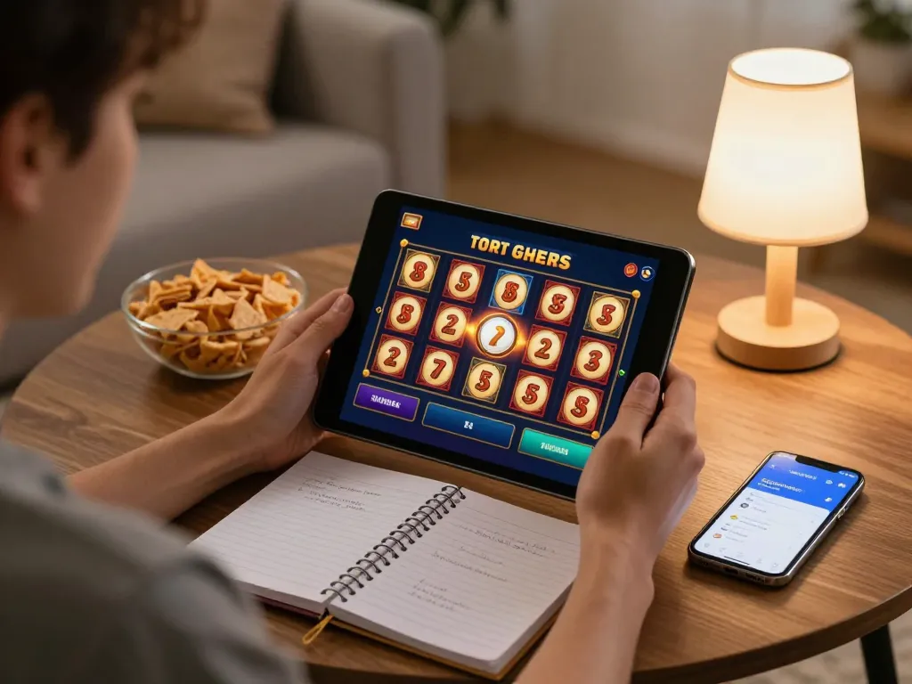 Engaging player using SpinAdvisor in a cozy home setting for online slot gameplay, showcasing responsible gaming habits.