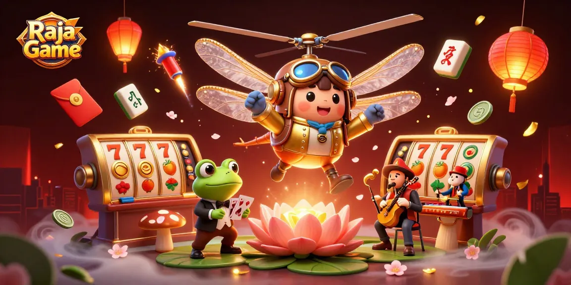 Join the excitement of Raja Game with thrilling slot reels, dynamic characters, and vibrant casino elements.
