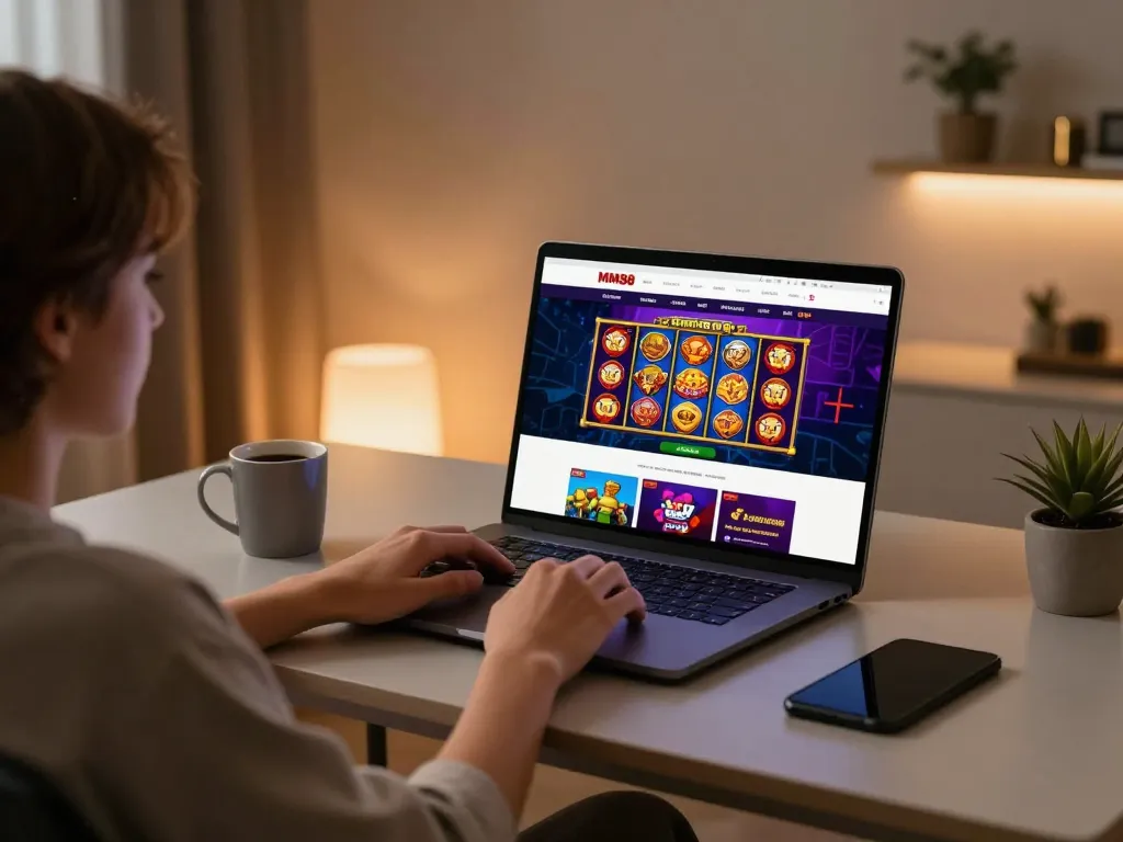 Player engaging with MM88 casino app on a laptop at home, showcasing online gambling