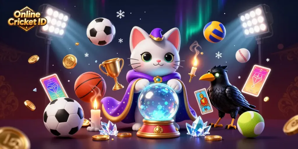 Engaging scene showcasing Online Cricket ID with mystical cat and raven amid dynamic sports elements.