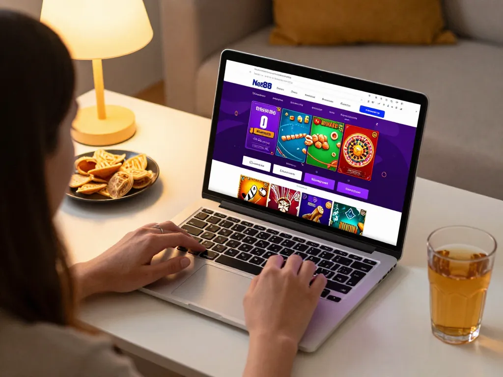 Engaging with the trang chủ Net88 online casino through a laptop in a cozy home setting.