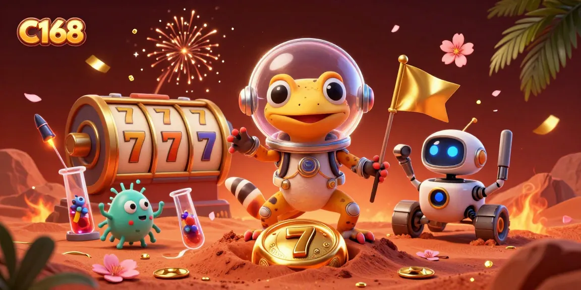 Experience the excitement of C168's thrilling casino adventure featuring Martian gecko and casino elements.