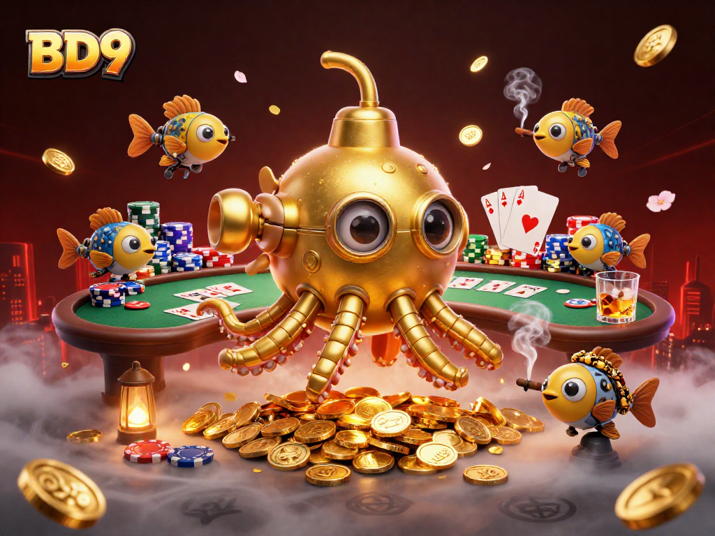 Experience thrilling wins with BD9's vibrant gaming scene featuring a golden kraken submarine amid poker excitement.