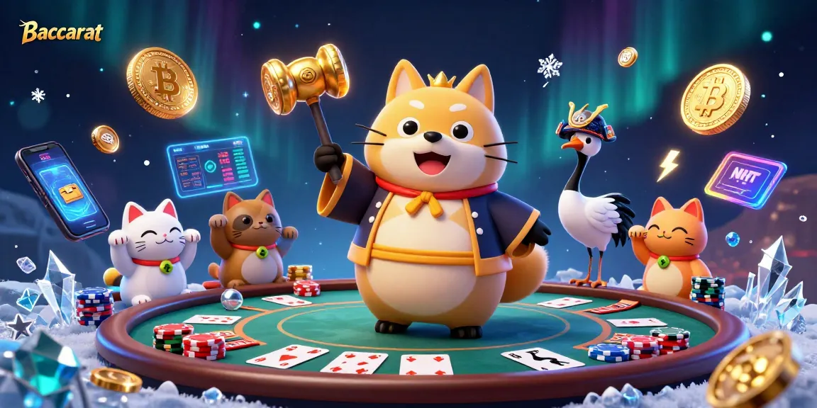 Baccarat themed casino scene with cheerful characters and vibrant gaming elements depicting lively gambling action.