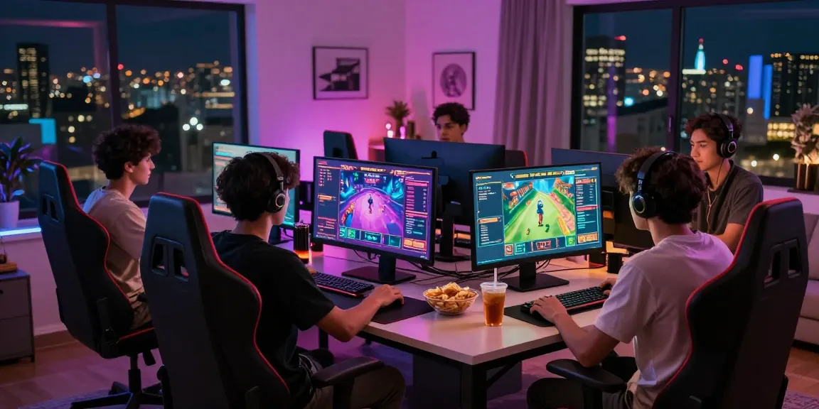 Engaged friends experiencing live online betting on Mahajitu, showcasing vibrant game monitors and lively atmosphere.