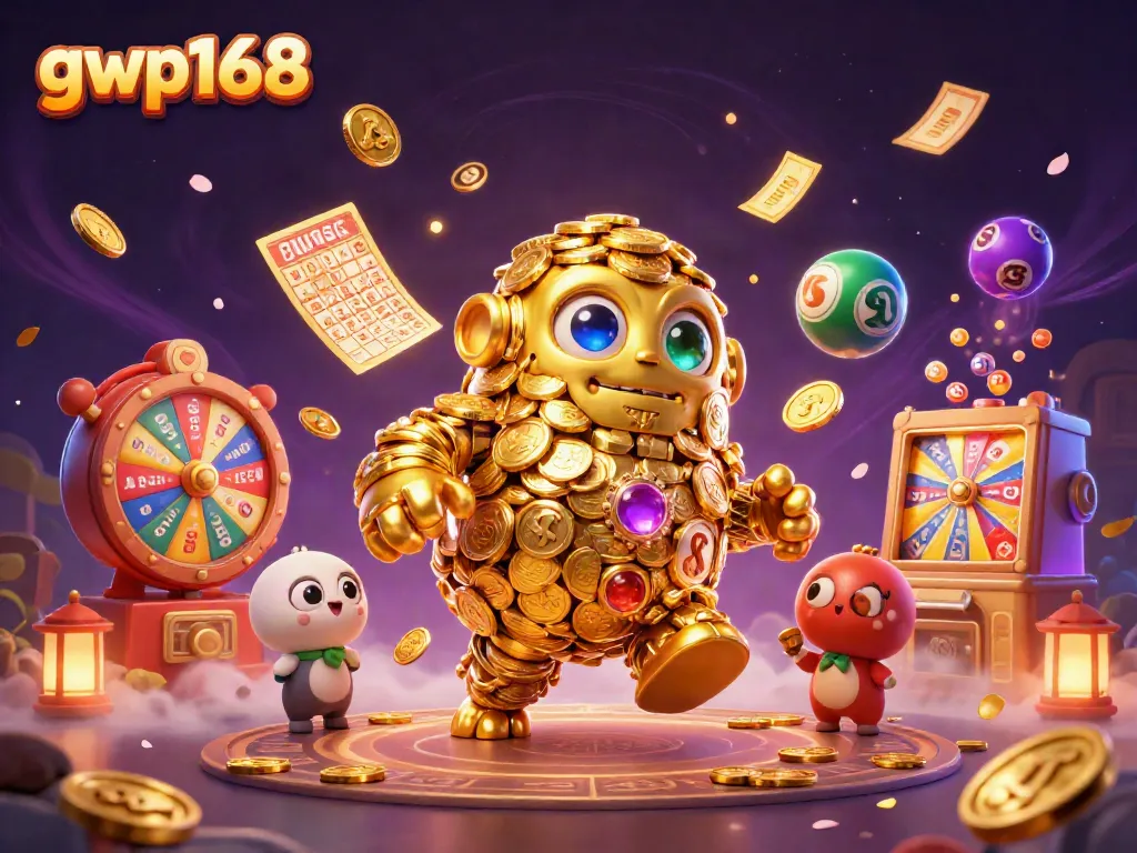 GWP168 menghadirkan golem emas yang menari dikelilingi bola lotre berwarna-warni.