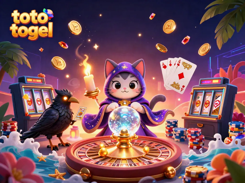 Experience the thrilling world of toto togel with a mystic cat, tarot raven, and vibrant casino elements