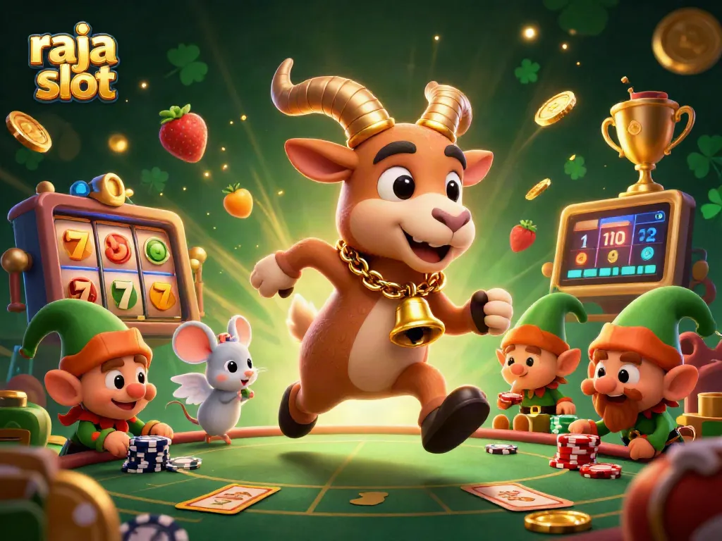 Mendorong kemenangan dalam permainan slot raja slot dengan suasana kasino yang penuh warna dan keceriaan.